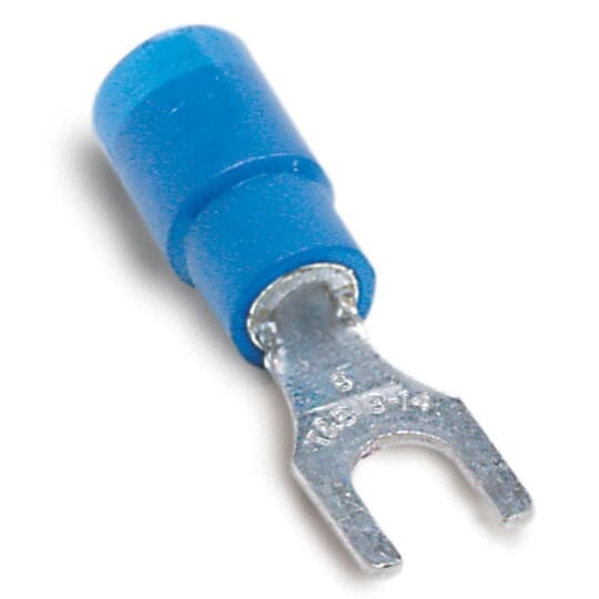 14RB-6FX Sta-Kon RB Series Expanded Insulated Fork Terminal, 18 to 14 AWG Conductor, 0.97 in L, Brazed Seam/Serrated Barrel, Copper, Blue