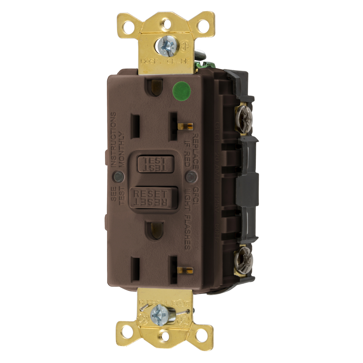 GFRST83 1-Phase Decorator Duplex Self-Test Standard Screw Mount GFCI Receptacle, 125 VAC, 20 A, 2 Poles, 3 Wires, Brown