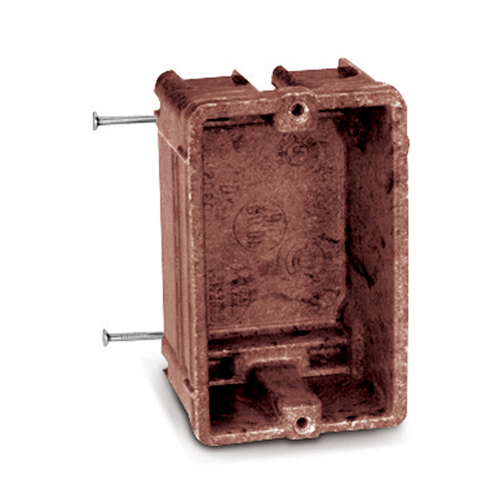Single-Gang Nail-On Outlet Box, Volume 9 Cubic Inches, Length 3-9/16 Inches, Width 2-1/4 Inches, Depth 1-13/16 Inches, Color Brown, Material Phenolic, Mounting Means Bottom Nails