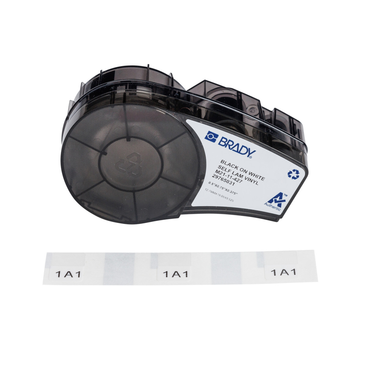 M21-11-427 Wrap Around Label, 0.5 in W, Black on White, Self-laminating Vinyl