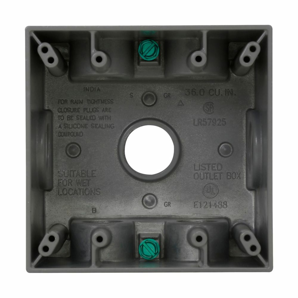 TP7138 Corrosion-Resistant Weatherproof Outlet Box, Die-Cast Aluminum, 37 cu-in Capacity, 2 Gangs, 7 Outlets, 4-1/2 in W x 2-21/32 in D x 4-1/2 in H