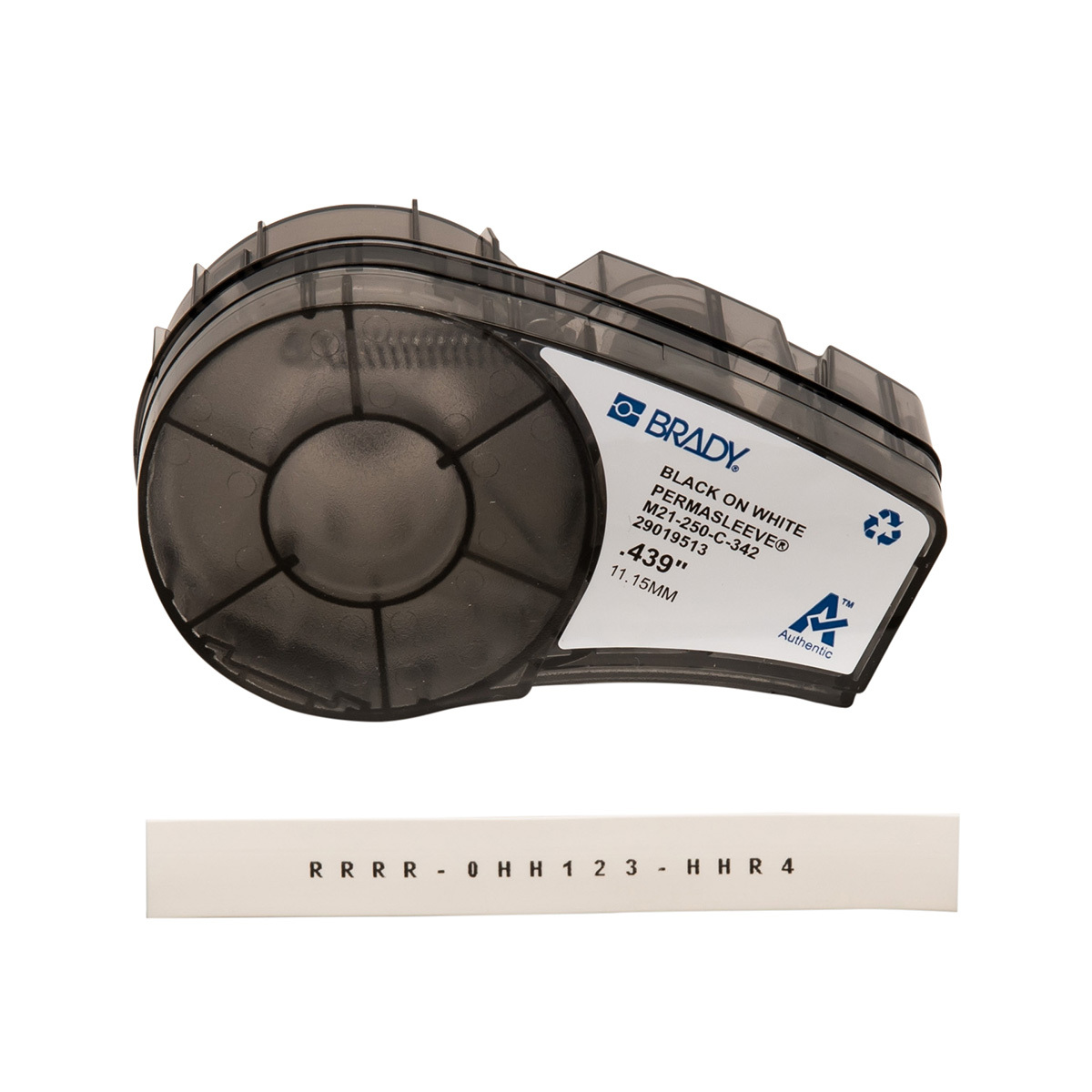 M21-250-C-342 PermaSleeve BMP21 Heat Shrink Tubing Cartridge Label, 7 ft L x 0.439 in W, Black on White, B-342 Polyolefin