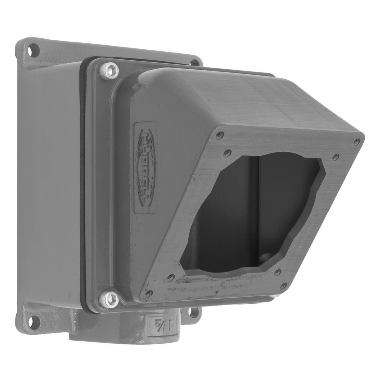 FW6010055 1-Outlet, 4-Way 55 deg Angled Heavy Duty Standard Pin and Sleeve Back Box With Adapter and 1-1/2 in Hub Knockout, 8-1/2 in H x 6.9 in W x 8 in D, For Use With 60, 63, 100 and 125 A Pin and Sleeve Devices, Cast Aluminum