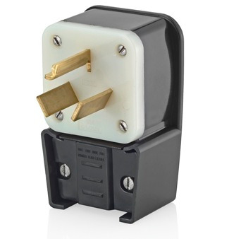9332-P Angled Cable Mount Non-Grounding Non-Polarized Straight Blade Plug, 125/250 V AC, 30 A, 3 Poles, 3 Wires, Black