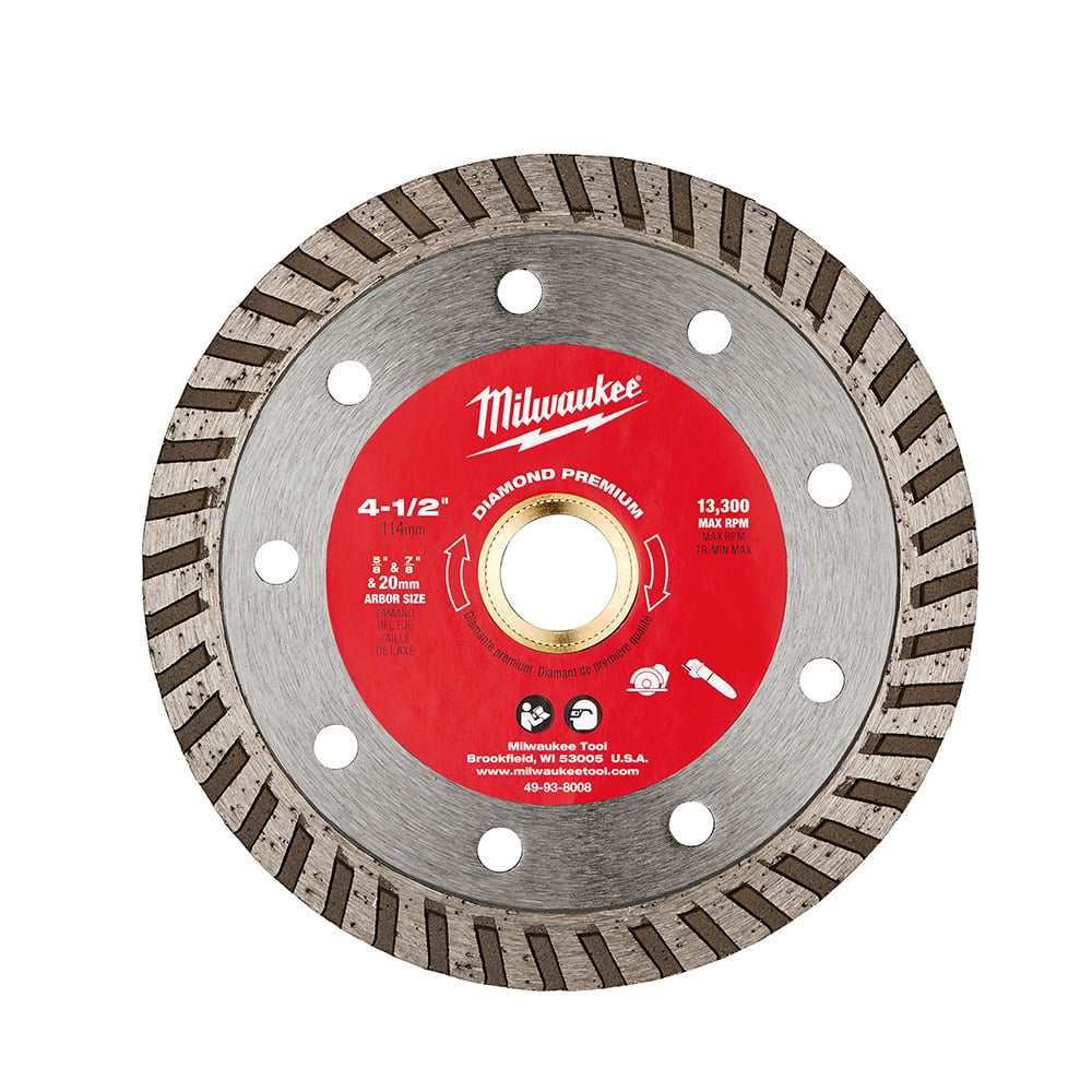 49-93-8008 Premium Turbo Circular Diamond Saw Blade, 4-1/2 in Dia Blade, 7/8 in, 20 mm, 5/8 in Arbor/Shank, Wet/Dry Cutting