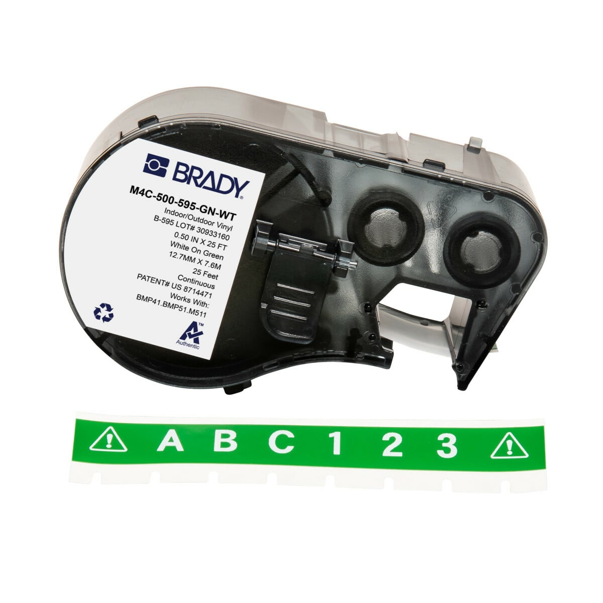 M4C-500-595-GN-WT General Permanent Adhesive, 25 ft L x 0.5 in W, White on Green, B-595 Vinyl