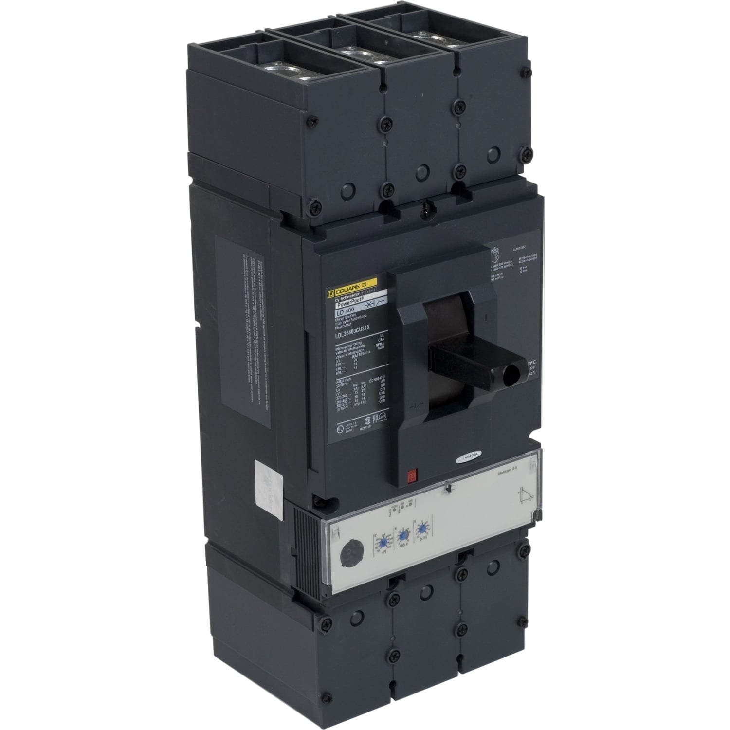 LJL36400CU31X PowerPact 100% Rated Standard Type LJL Molded Case Circuit Breaker, 600 V AC, 400 A, 600 V AC/65 kA at 480 V AC/25 kA at 600 V AC/100 kA at 240 V AC Interrupt, 3 Poles, Electronic Trip