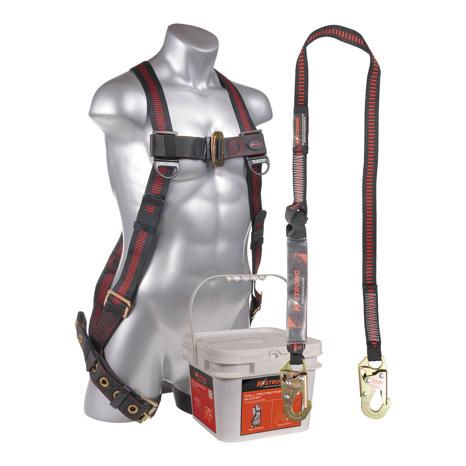 Combo Bucket Kit with Elite 5-Point Full Body Harness, Dorsal D-ring, TB Legs - M-L and a 6 ft. Clear Pack Design Shock Absorbing Lanyard with Snap Hooks. (ANSI)