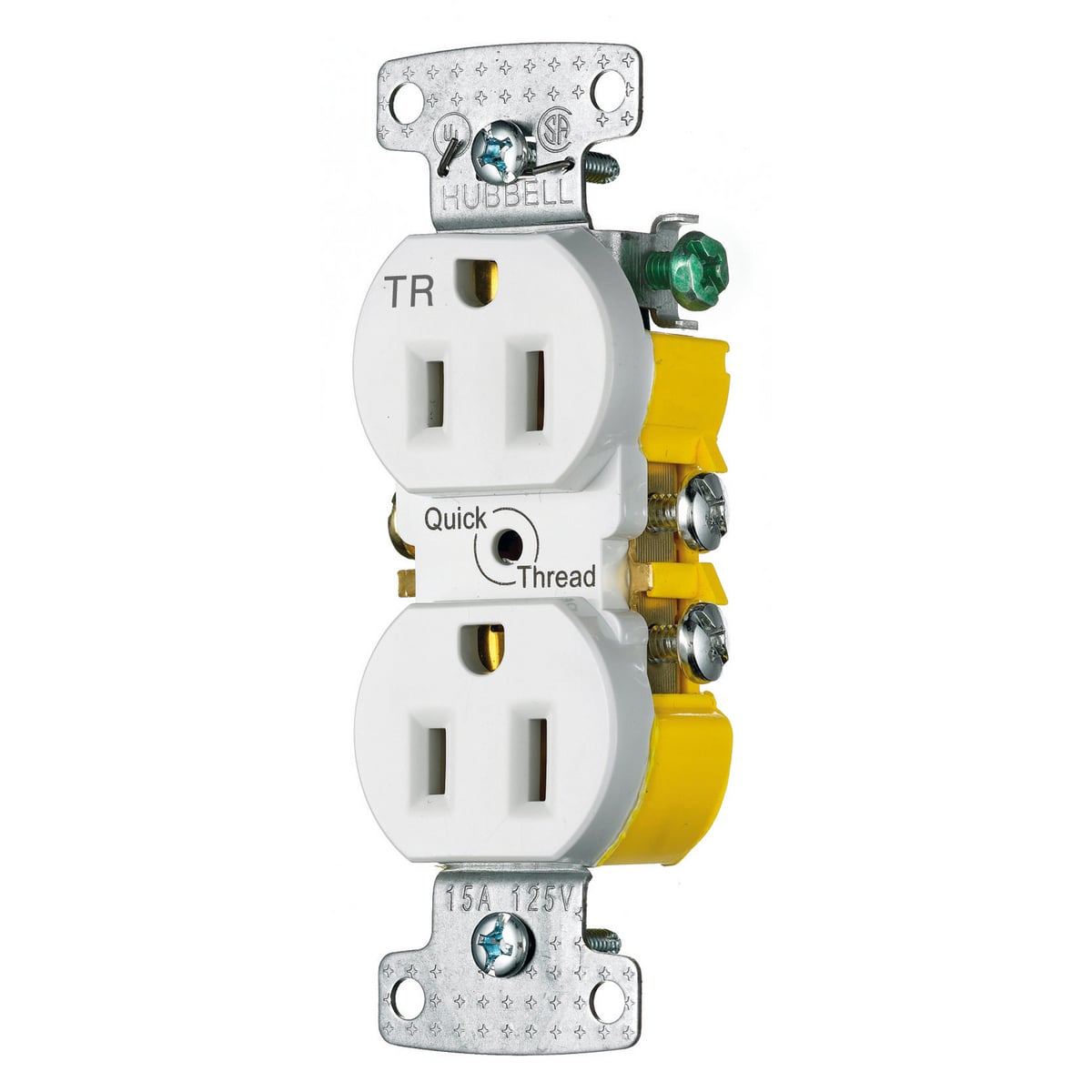 RR15QWTR 1-Phase Duplex Quick Thread Standard Tamper-Resistant Screw Mount Straight Blade Receptacle, 125 V AC, 15 A, 2 Poles, 3 Wires, White