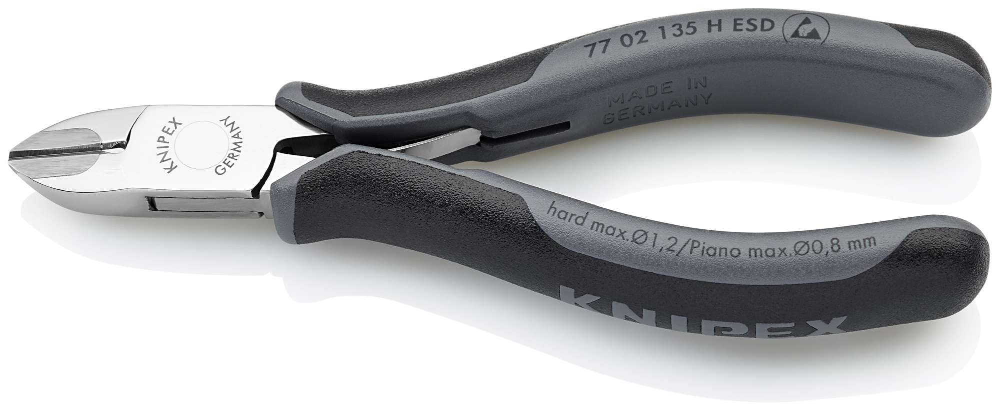 Electronics Diagonal Cutters-Carbide Metal Cutting Edges-ESD Handles, 5 1/4 in., Multi-component, Polished, Semi-flush with Bevel Cut, Oval Head, Up to 1/32 in. Piano Wire
