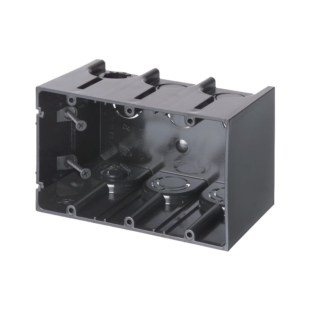 F103 One-Box Versatile Outlet Box With (2) Captive Screws and (1) Knockout, Plastic, 61 cu-in Capacity, 3 Gangs, 3 Outlets, 5.93 in L x 3.74 in W x 3.51 in H