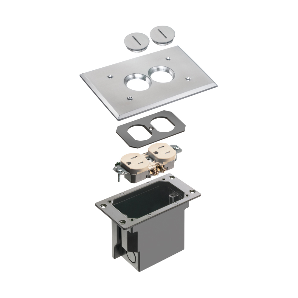 FLBR101NL Adjustable Floor Box With (2) Threaded Plugs, Plastic, 20 cu-in Capacity, 1 Gangs, 6.5 in L x 4.125 in W x 3.738 in H