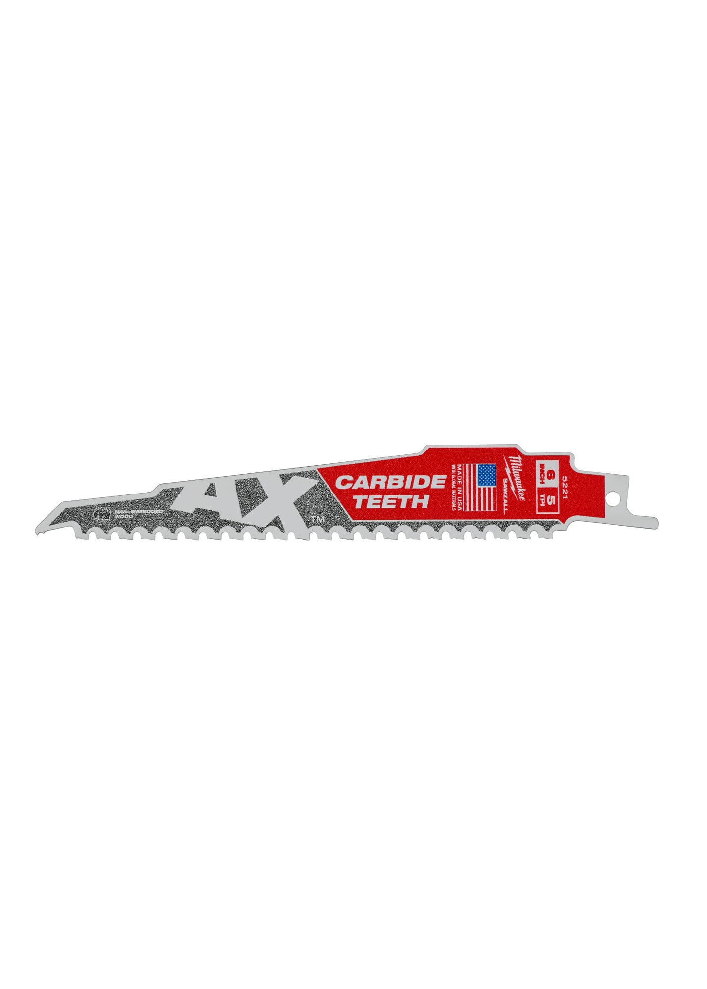 48-00-5221 Sawzall AX Tapered Back Reciprocating Saw Blade, 6 in L, 5 TPI, Carbide Body, Universal/Toothed Edge Tang