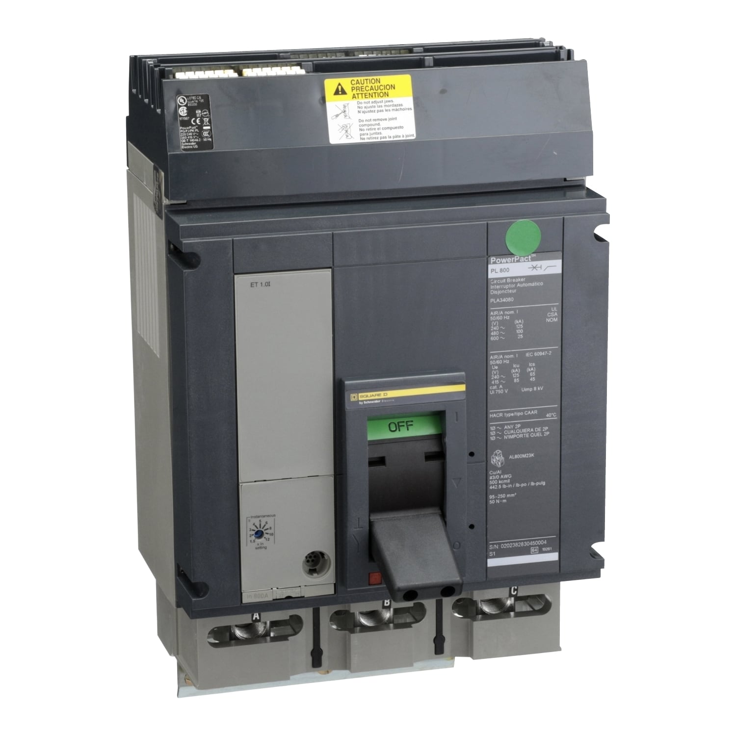 PLA34080 I-Line PowerPact Type PLA Molded Case Circuit Breaker, 480 V AC, 800 A, 125 kA at 240 V AC/100 kA at 480 V AC/25 kA at 600 V AC Interrupt, 3 Poles, Electronic Trip