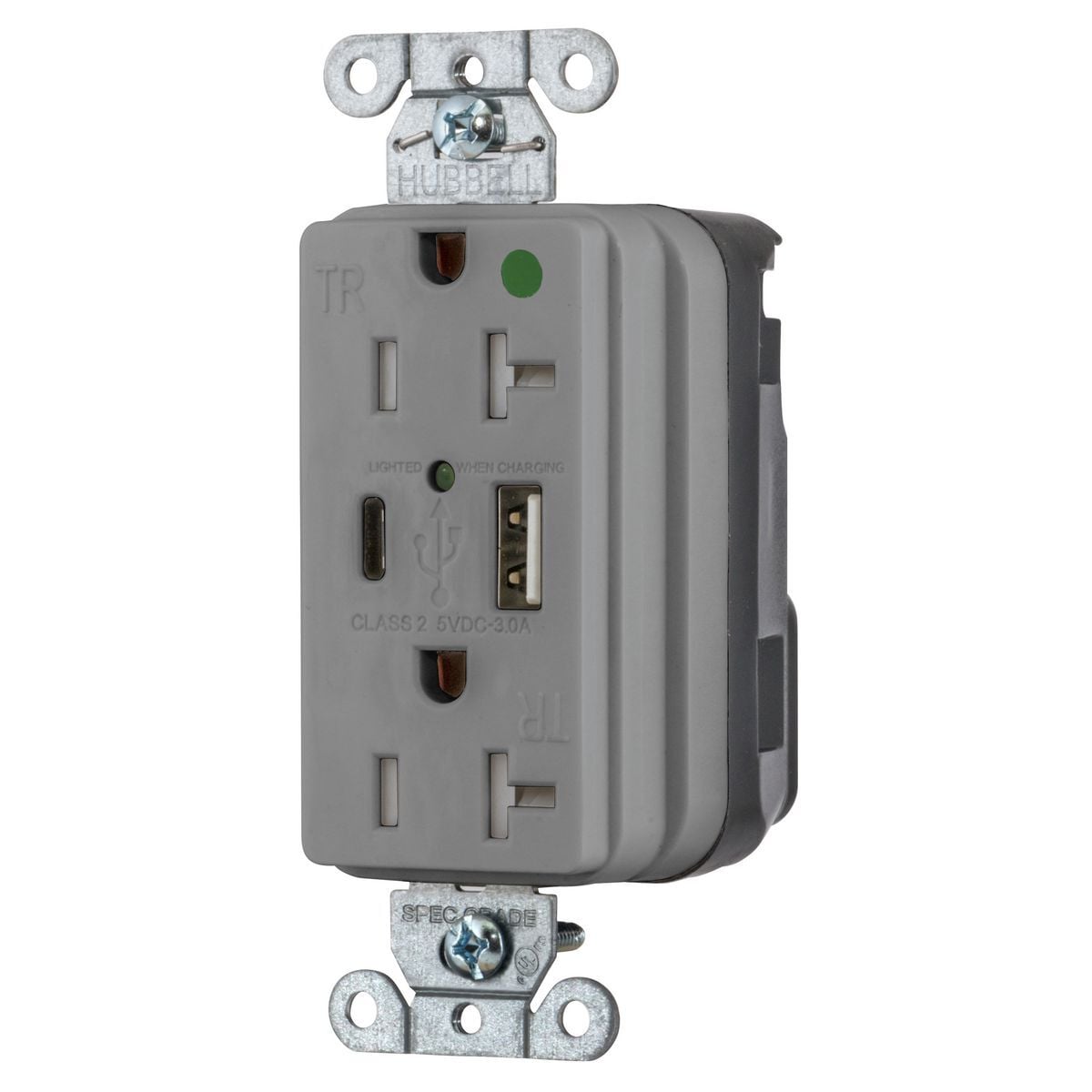 SNAP8300UACGY Decorator Duplex Straight Blade USB Charger Receptacle, 20 A, 125 V DC, 2500 W, 2 Poles, 3 Wires, Gray