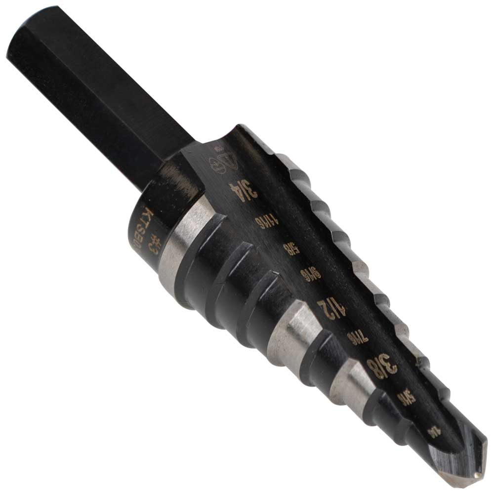 KTSB03 Step Drill Bit, 1/4 in Dia Min Hole, 3/4 in Dia Max Hole, Steel, 3/8 in Shank