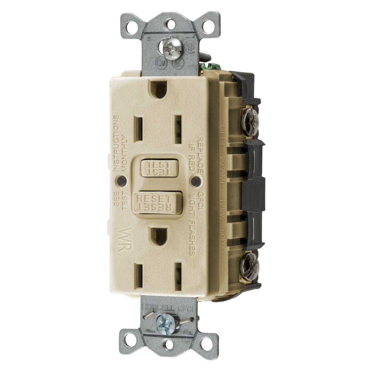 GFWRST15I 1-Phase Decorator Duplex Heavy Duty Standard Self-Test Weather-Resistant Screw Mount GFCI Receptacle, 125 VAC, 15 A, 2 Poles, 3 Wires, Ivory