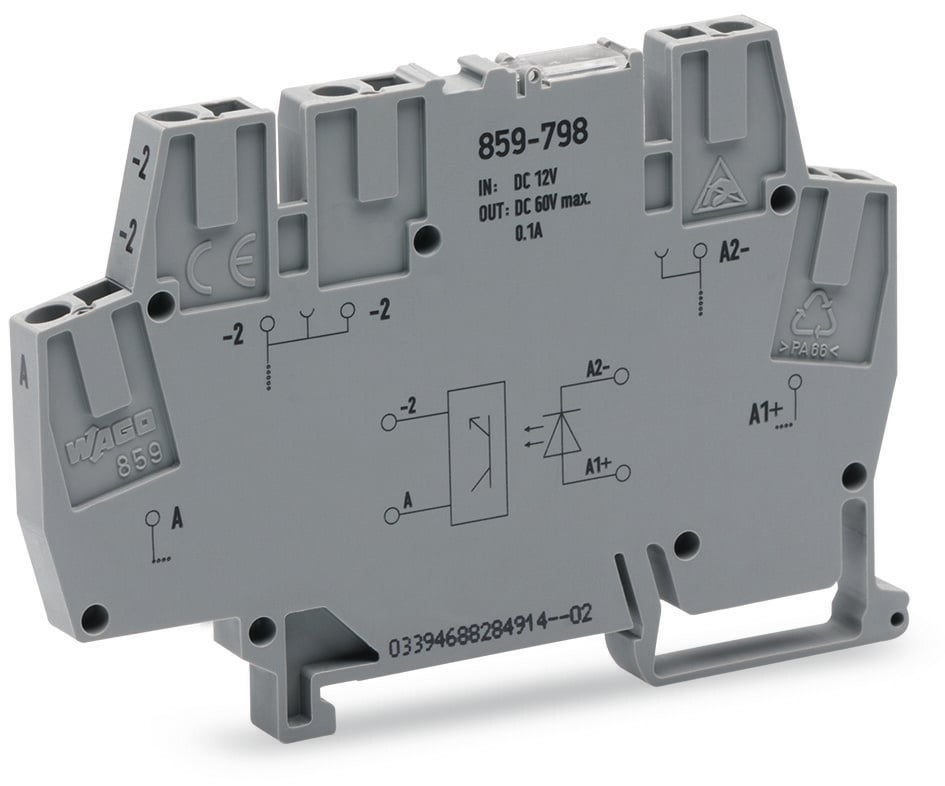 Fixed-type solid-state / static relay (SSR) with red LED - 2-wire connection - for railways applications - Wago (859 series) - single-pole / single-phase / 1-pole (1P) - control voltage 8.4-15Vdc (12Vdc nom.) - Rated voltage 9Vdc-60Vdc output - Rated current 0.1A (continuous) - with CAGE-CLAMP spring connections - DIN-35 rail mounting (6mm width)