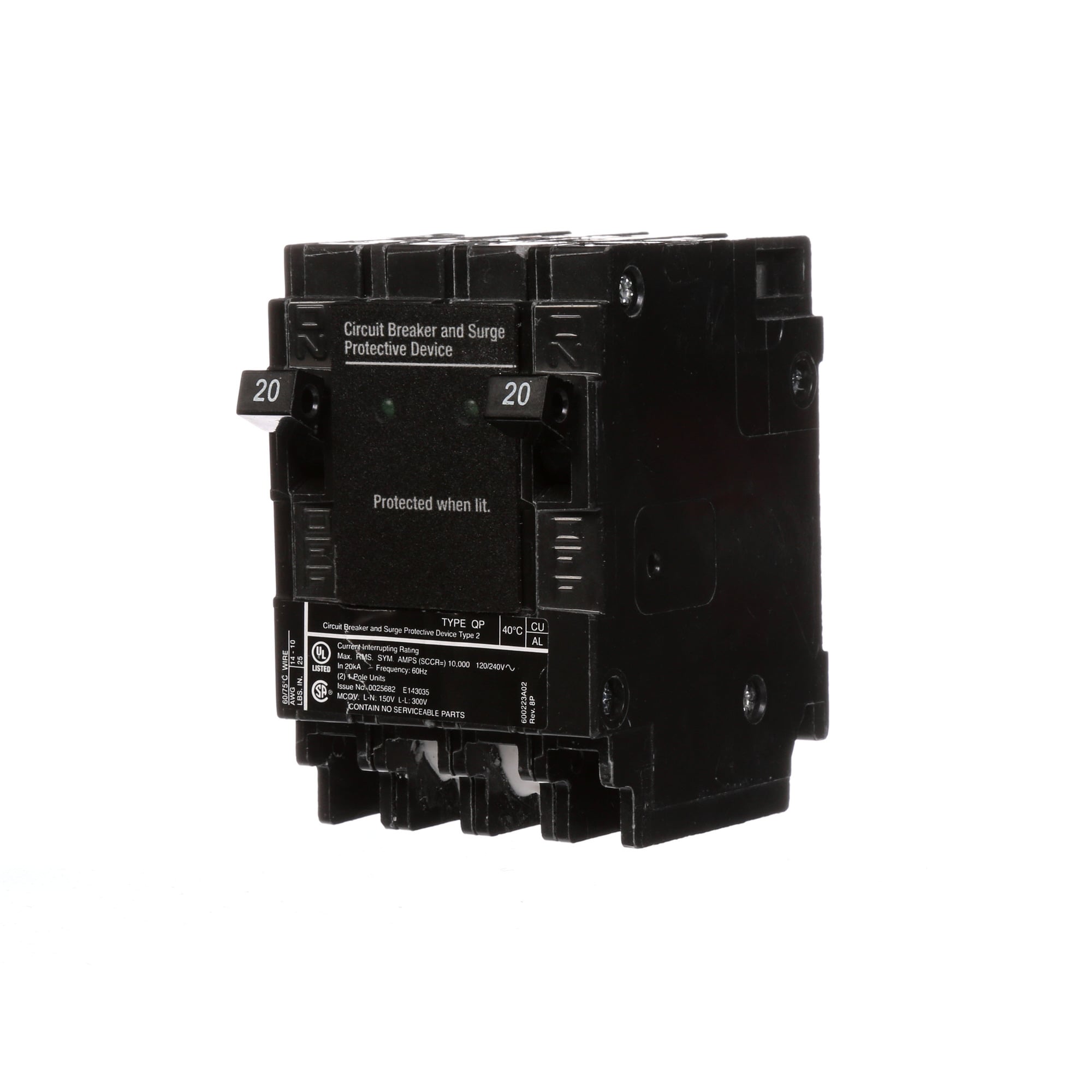 QSA2020SPD Type SPD Low Voltage Molded Case Circuit Breaker, 120/240 V AC, 20 A, 10 kA Interrupt, 1 Poles, Thermal Magnetic Trip