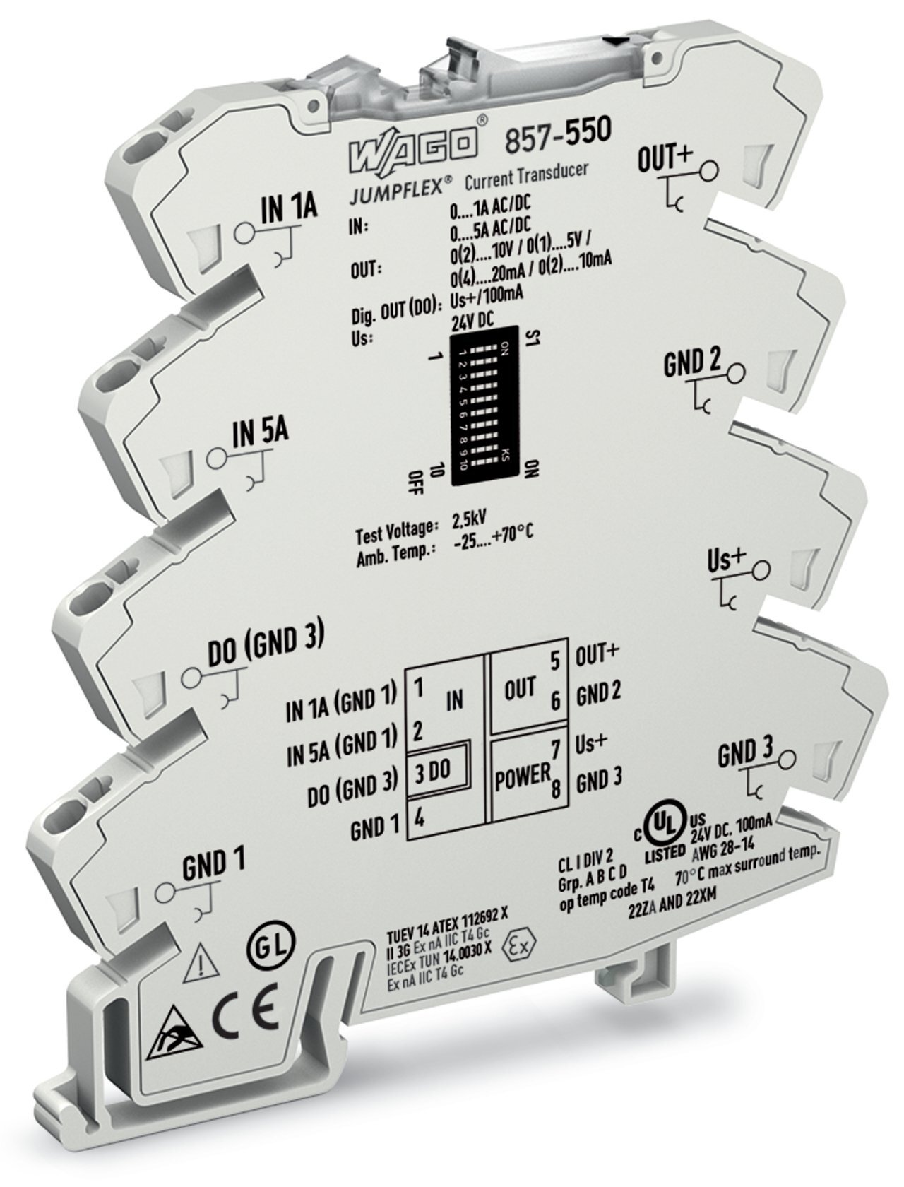Current signal conditioner; Current input signal; Current and voltage output signal; Digital output; Configuration via software; Supply voltage: 24 VDC; 6 mm module width; 2,50 mm
