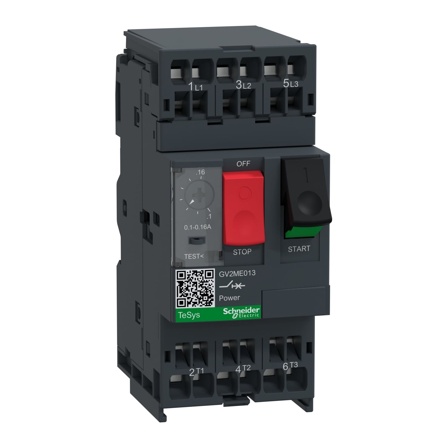 GV2ME013 TeSys GV2L Manual Starter and Protector, 690 V AC, 0.1 to 0.16 A, 100 kA Interrupt, 3 Poles, Magnetic Trip