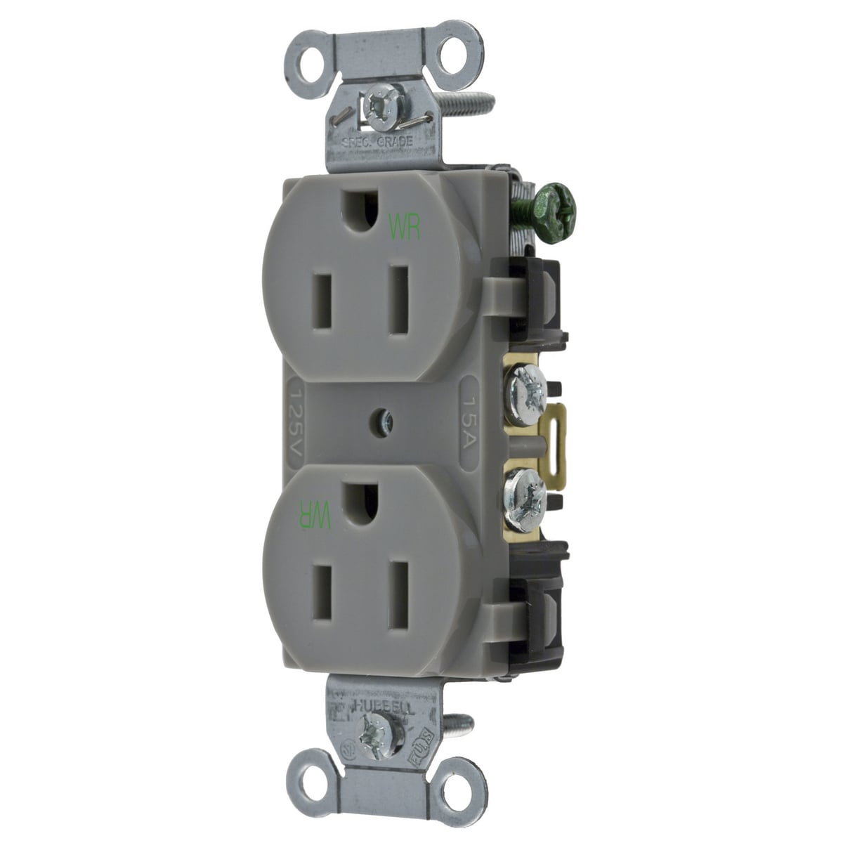 BR15GRYWR 1-Phase Duplex Self-Grounding Standard Traditional Weather Resistant Screw Mount Straight Blade Receptacle, 125 V AC, 15 A, 2 Poles, 3 Wires, Gray