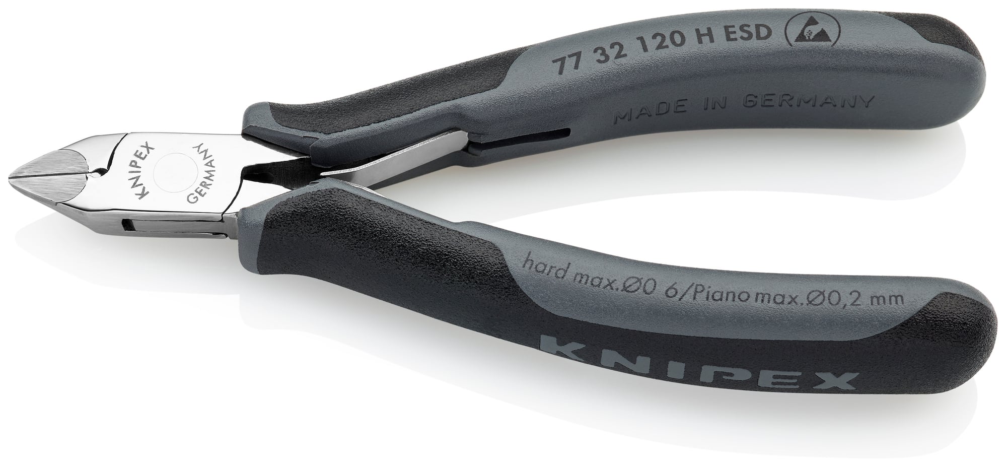 Electronics Diagonal Cutters-Carbide Metal Cutting Edges-ESD Handles, 4 3/4 in., Multi-component, Polished, Semi-flush with Small Bevel Cut, Tapered Head, Up to 1/64 in. Piano Wire