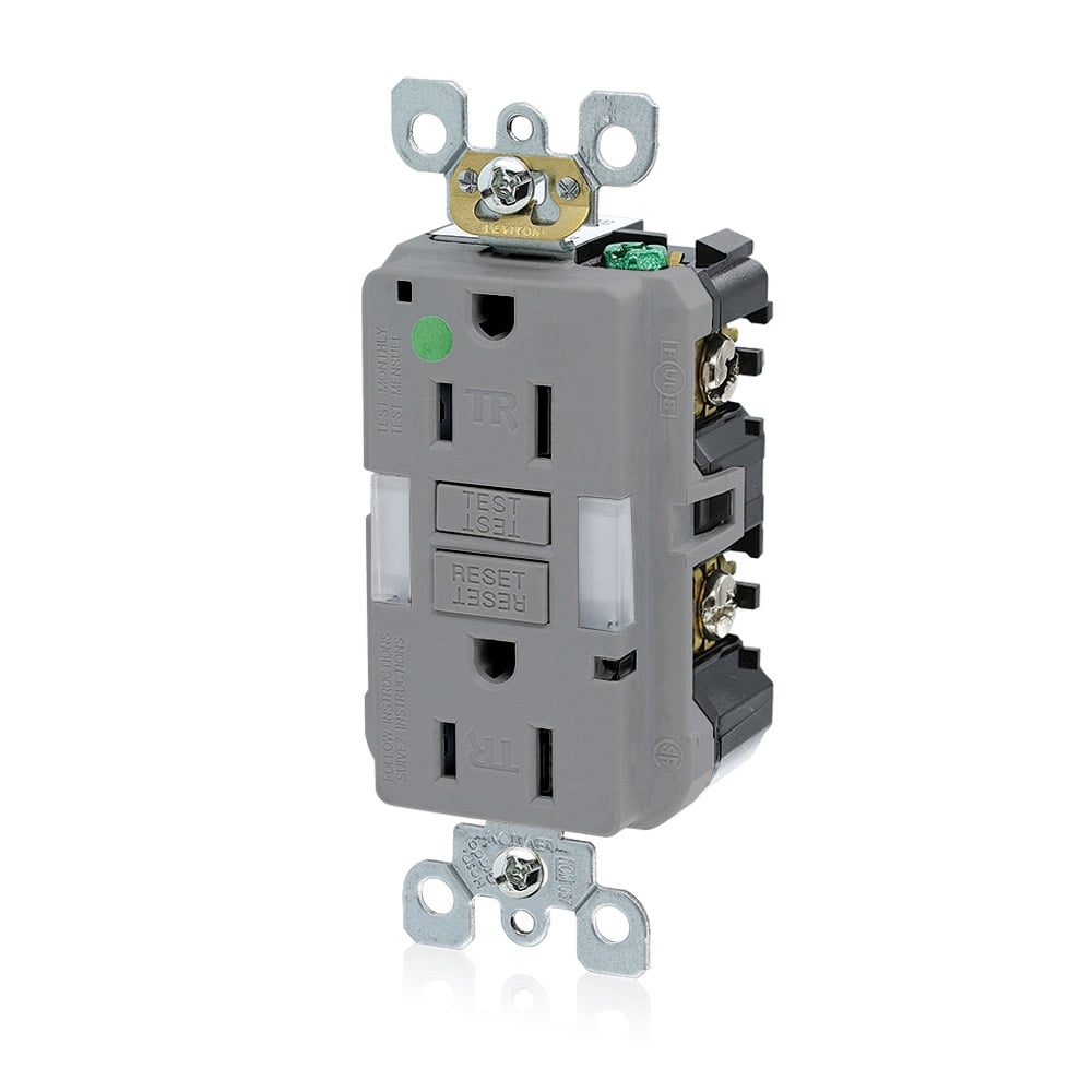 GFNL1-HGG SmartlockPro Slim Duplex Feed Through Guidelight Self-Test Tamper Resistant GFCI Receptacle, 125 V AC, 15 A, 2 Poles, 3 Wires, Gray