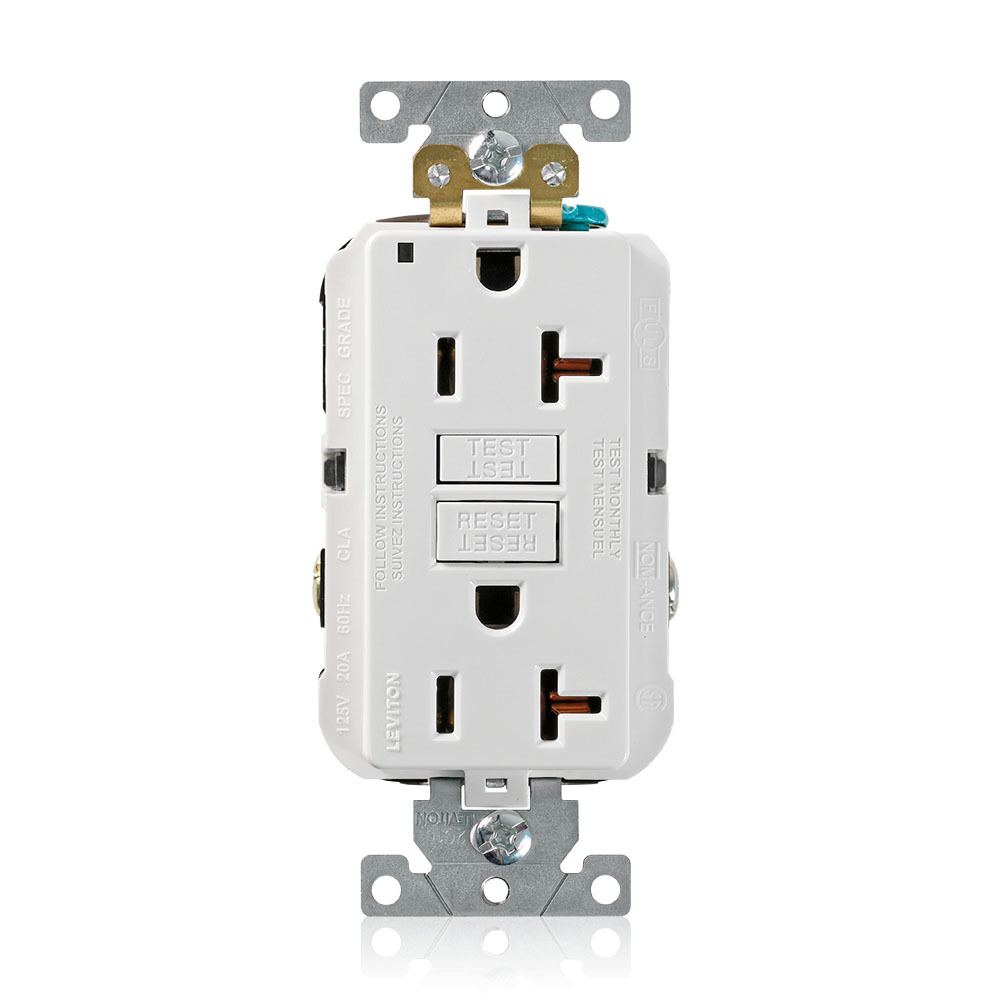 G5362-W SmartlockPro Extra Heavy Duty Non-Tamper-Resistant Self-Grounding Self-Test GFCI Duplex Receptacle, 125 V AC, 20 A, 2 Poles, 3 Wires, White