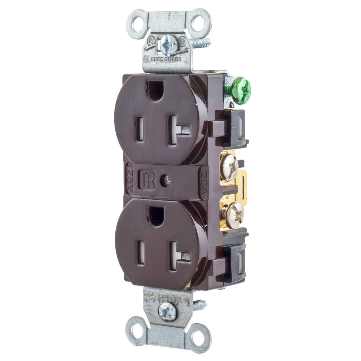 BR20TR 1-Phase Duplex Self-Grounding Standard Tamper Resistant Traditional Screw Mount Straight Blade Receptacle, 125 V AC, 20 A, 2 Poles, 3 Wires, Brown