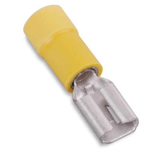 10RC-250F Sta-Kon Female Disconnect, 16 to 14 AWG Conductor, 0.25 in W x 0.032 in THK Tab, Brazed Seam Barrel, Brass, Yellow, Insulated