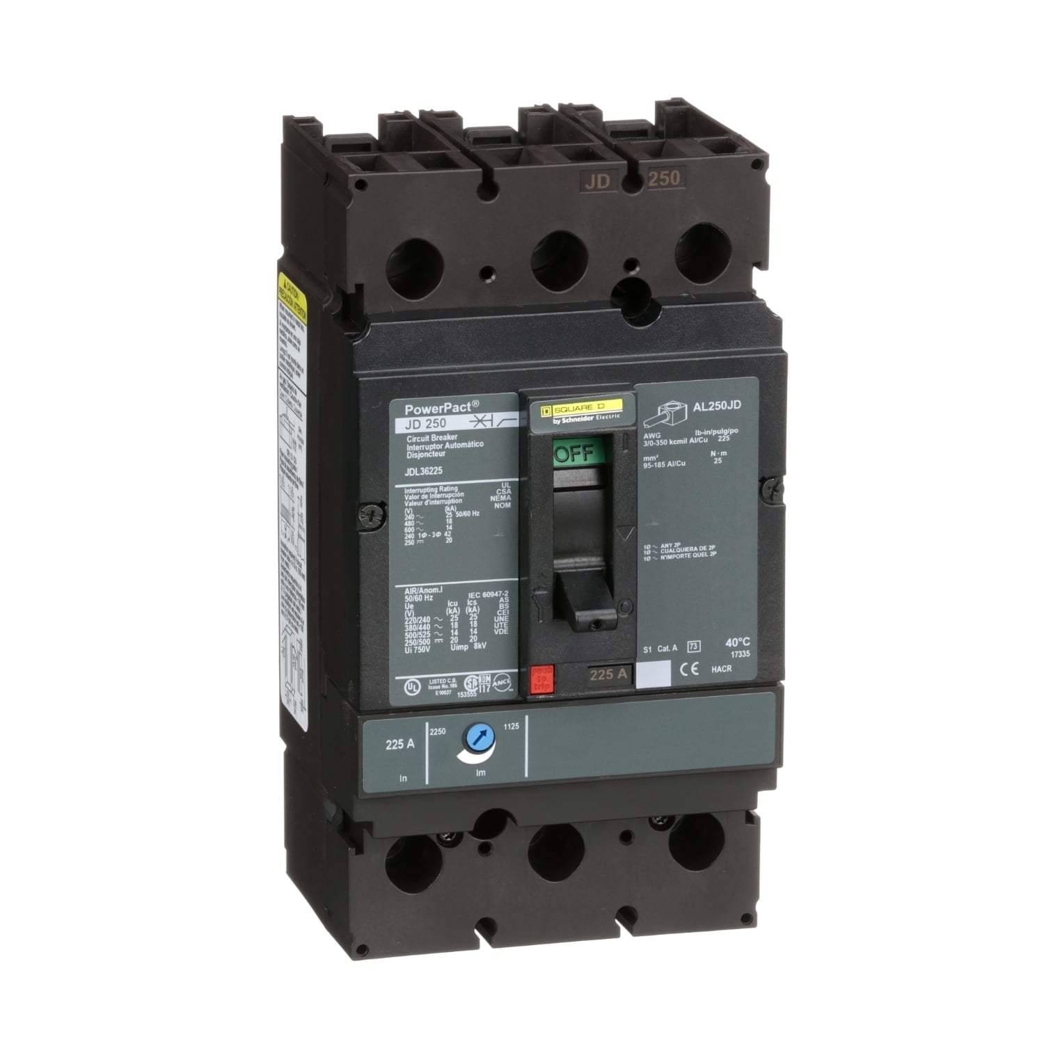 JDL36225 PowerPact Standard Type JDL Molded Case Circuit Breaker, 600 V AC/250 V DC, 225 A, 25 kA at 240 VAC/18 kA at 480 VAC/14 kA at 600 VAC/20 kA at 250VDC Interrupt, 3 Poles, Thermal Magnetic Trip
