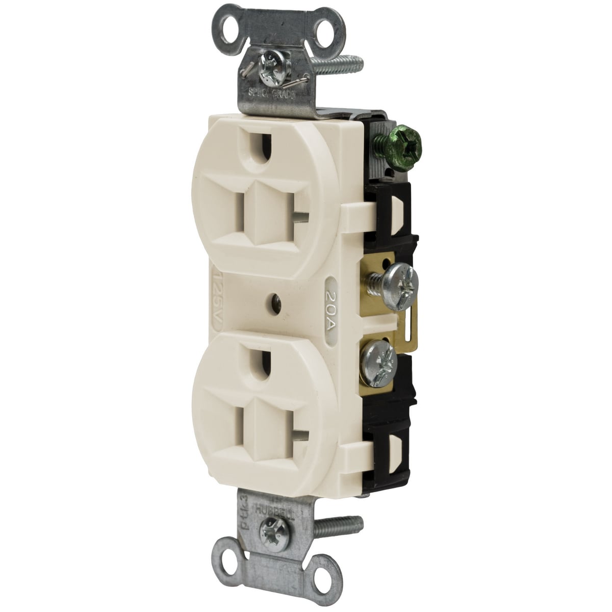 CRF20LA 1-Phase Duplex Self-Grounding Standard Traditional Screw Mount Straight Blade Receptacle, 125 VAC, 20 A, 2 Poles, 3 Wires, Light Almond