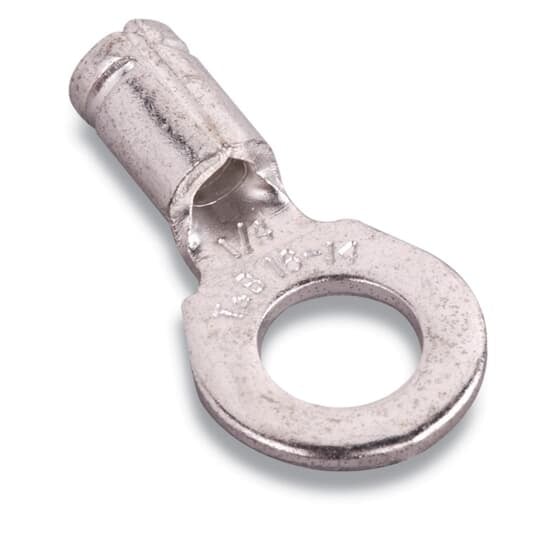 BC14-38 Sta-Kon B Series Heavy Duty Non-Insulated Ring Terminal, 16 to 14 AWG Conductor, 1.09 in L, Serrated Barrel, Copper, Metallic