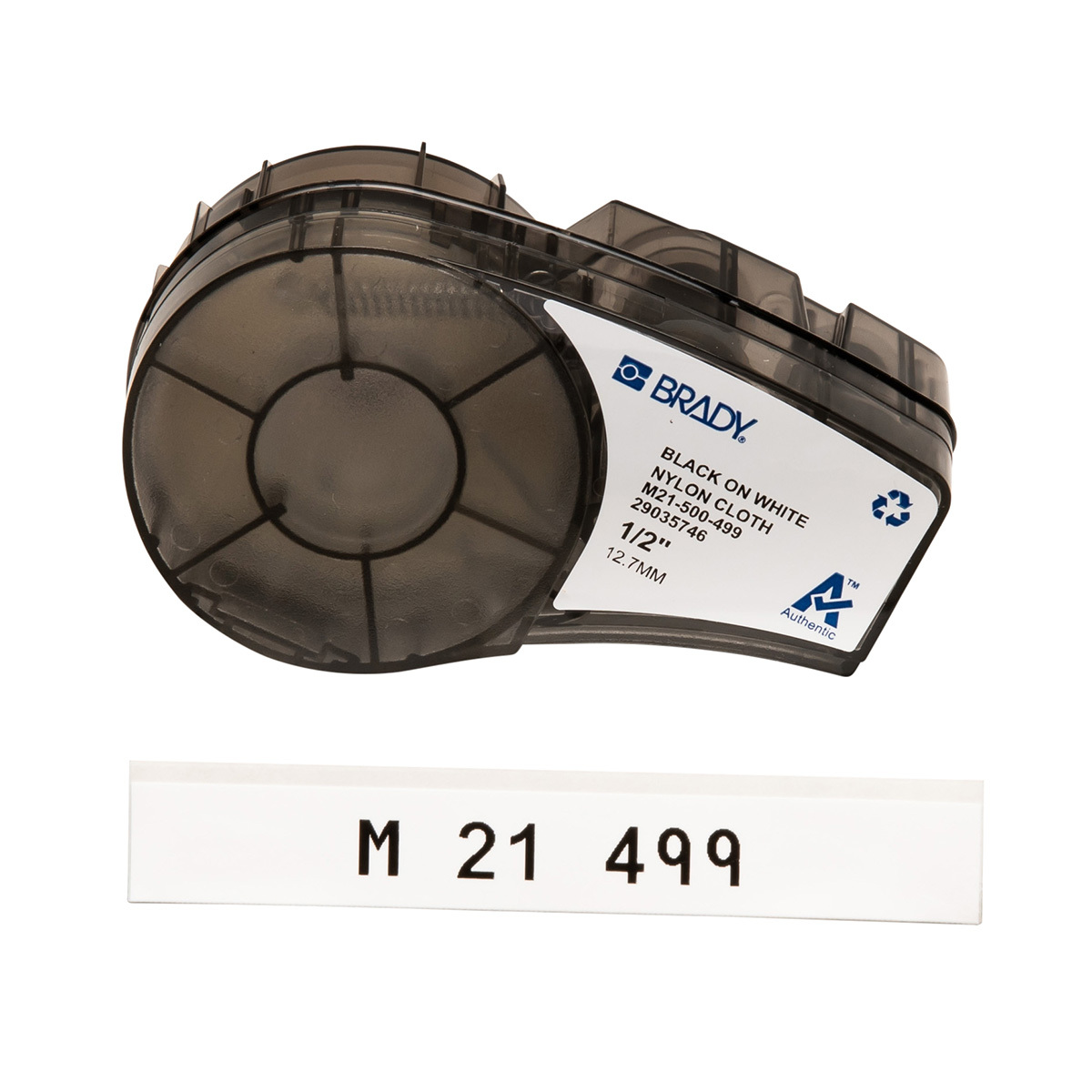 M21-500-499 BMP21 Cartridge Label, 16 ft L x 1/2 in W, Black on White, B-499 Polyamide Coated Nylon Cloth