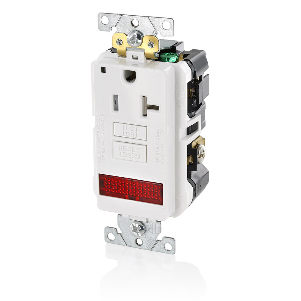GFPL2-PLW SmartlockPro Slim Feed Through Self-Test Single Tamper Resistant GFCI Receptacle With LED Pilot Light, 125 V AC, 20 A, 2 Poles, 3 Wires, White