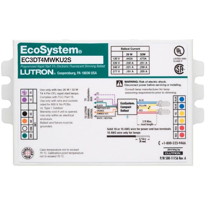 EC3DT4MWKU1S EcoSystem Type K Digital Dimming Ballast, T4 Lamp, 26/32 W Lamp, 120/220/240/277 VAC, Programmed/Rapid, 0.95 Ballast Factor
