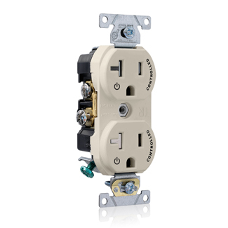 TBR20-S2T Duplex Self-Grounding Tamper Resistant Straight Blade Receptacle With 2 Plug Controlled Marking, 125 V AC, 20 A, 2 Poles, 3 Wires, Light Almond