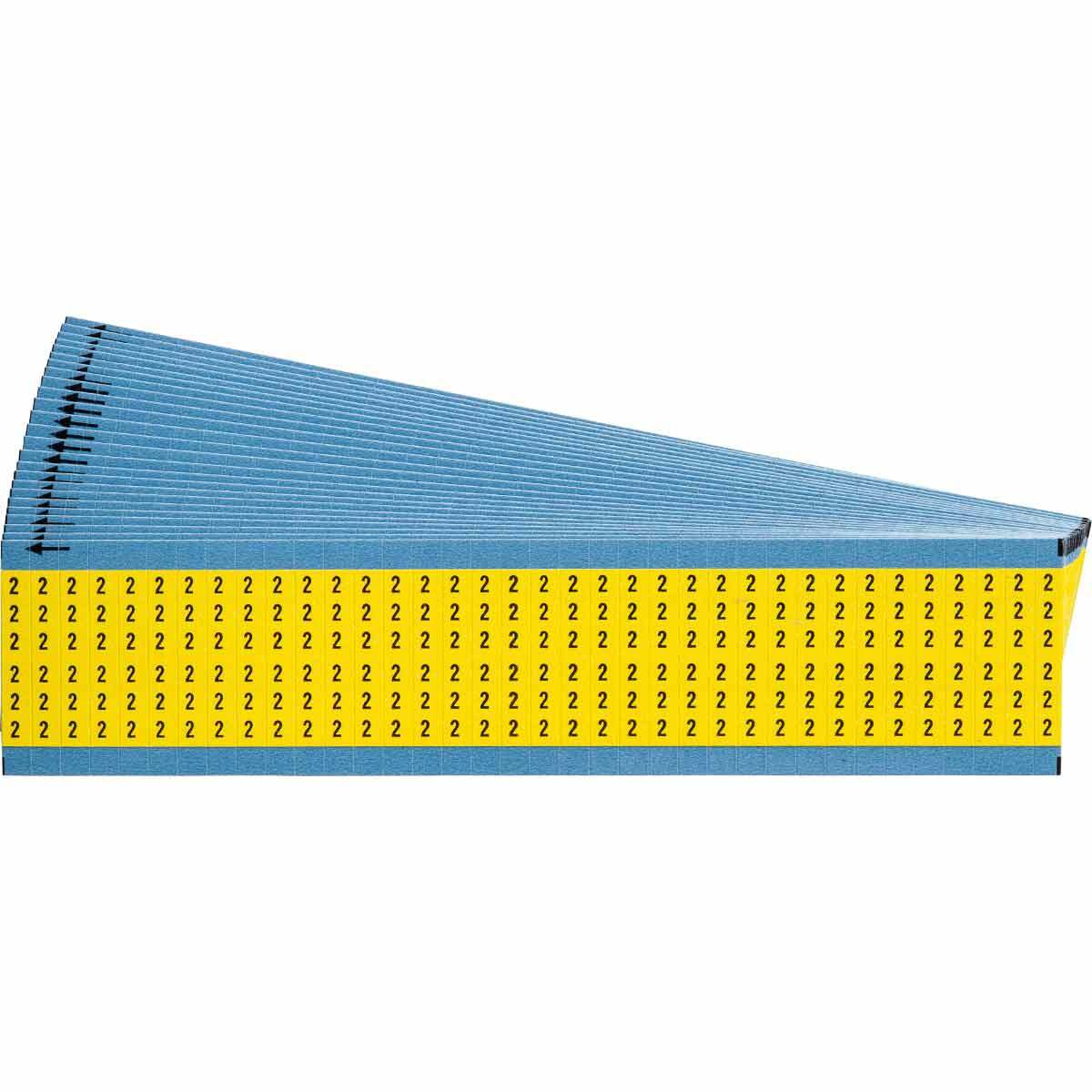 WM-2-YL-PK WM Series Die-Cut Pre-Printed Solid Number Wire Marker Card, 1/4 in W, Black on Yellow, B-500 Repositionable Vinyl Coated Fabric, 36 Markers per Card