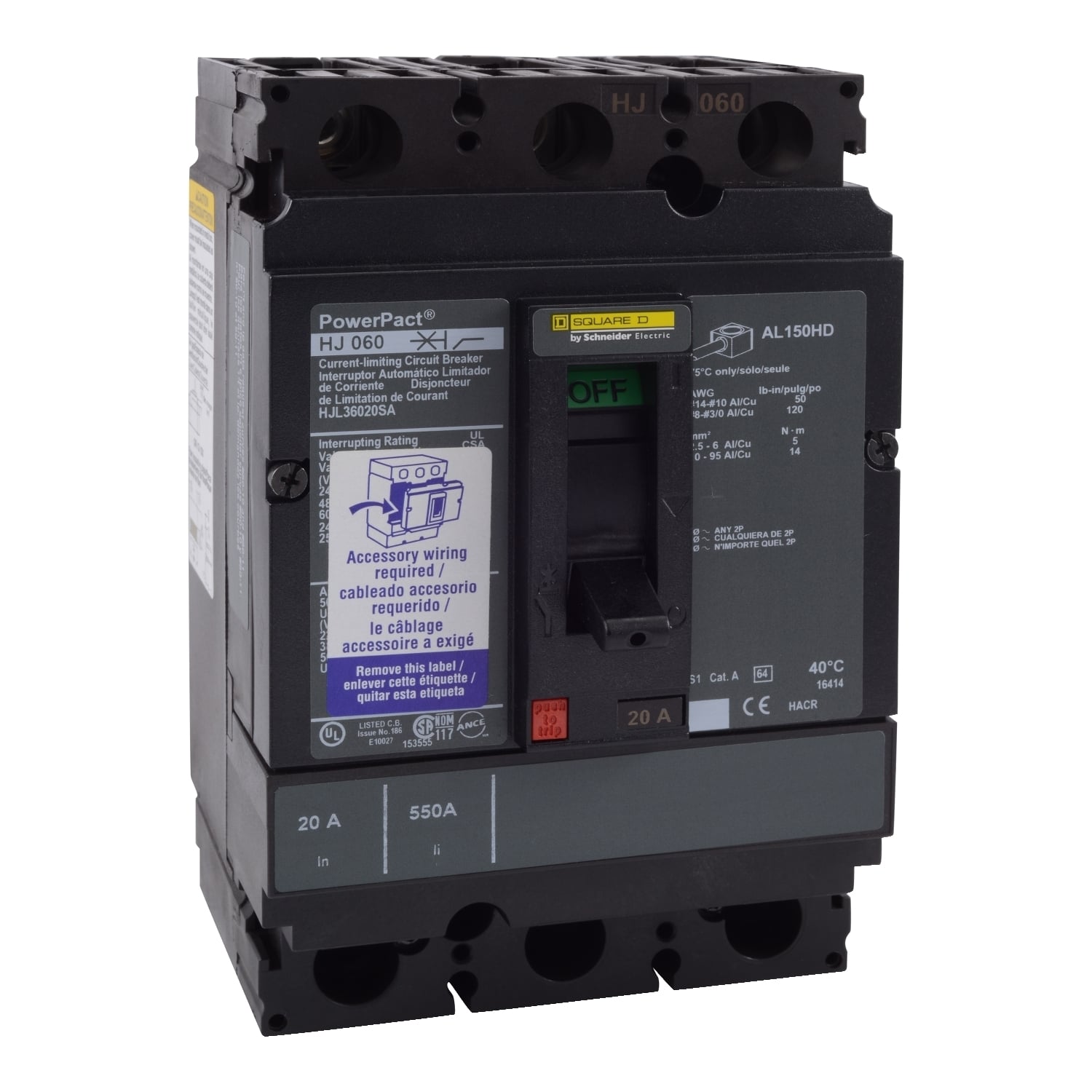 HJL36030C PowerPact Type HJL 100% Rated Molded Case Circuit Breaker, 600 VAC, 250 VDC, 30 A, 20/25/65/100 kA Interrupt, 3 Poles, Thermal Magnetic Trip