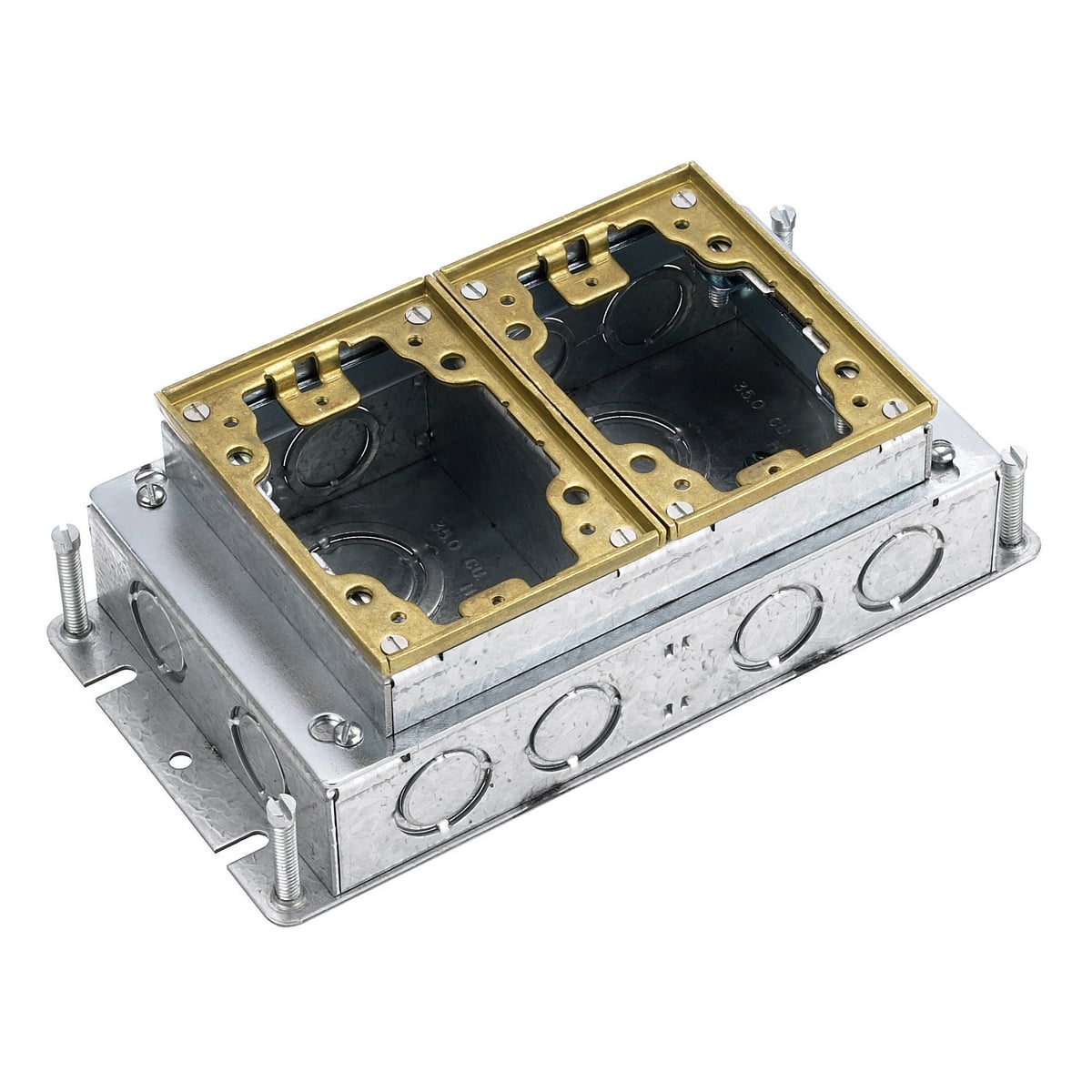 B2422 Fully Adjustable Shallow Standard Sized Floor Box, Stamped Steel, 35 cu-in/Gang Capacity, 2 Gangs, 14 Knockouts, 4.81 in L x 9.25 in W x 2.74 in H