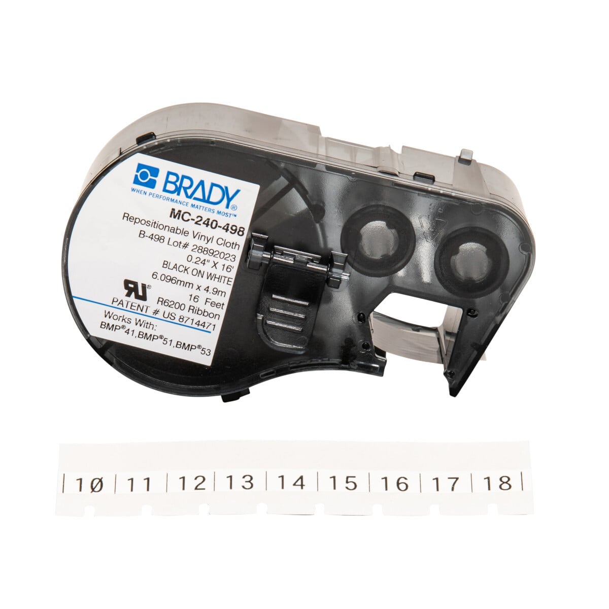 MC-240-498 CleanLift M Series Label Maker Cartridge, 16 ft L x 0.24 in W, For Use With BMP 41 Label Printers, BMP 51 and BMP 53 Label Maker, B-498 Vinyl Coated Fabric, Black on White