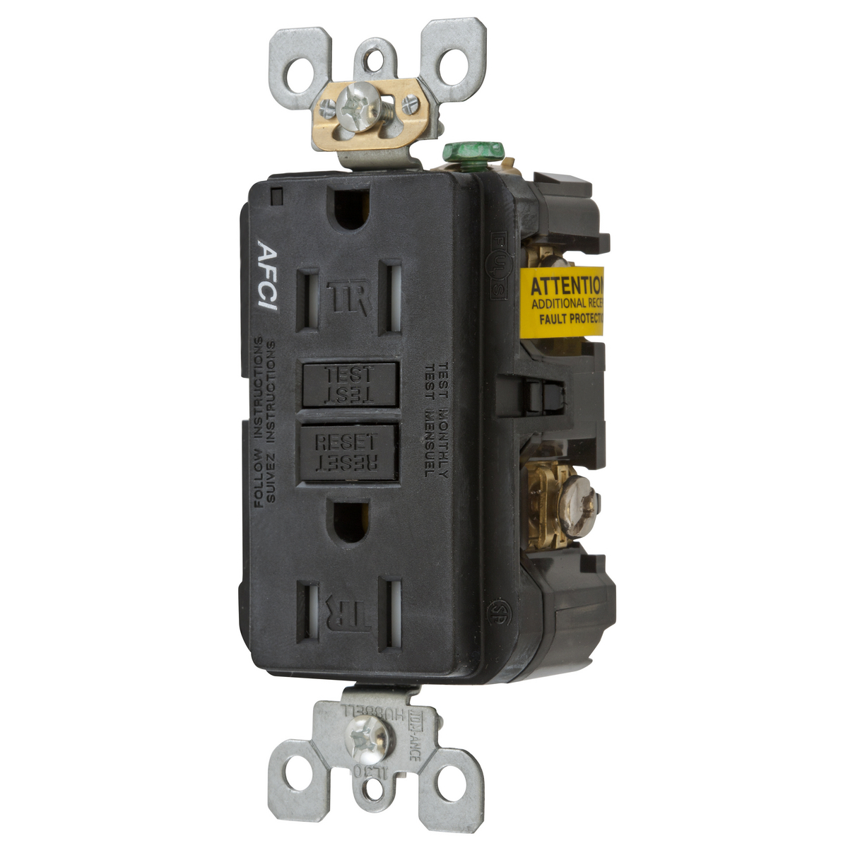 AFR15TRBK Duplex Tamper-Resistant Arc Fault Receptacle, 125 V AC, 15 A, 2 Poles, 3 Wires, Black