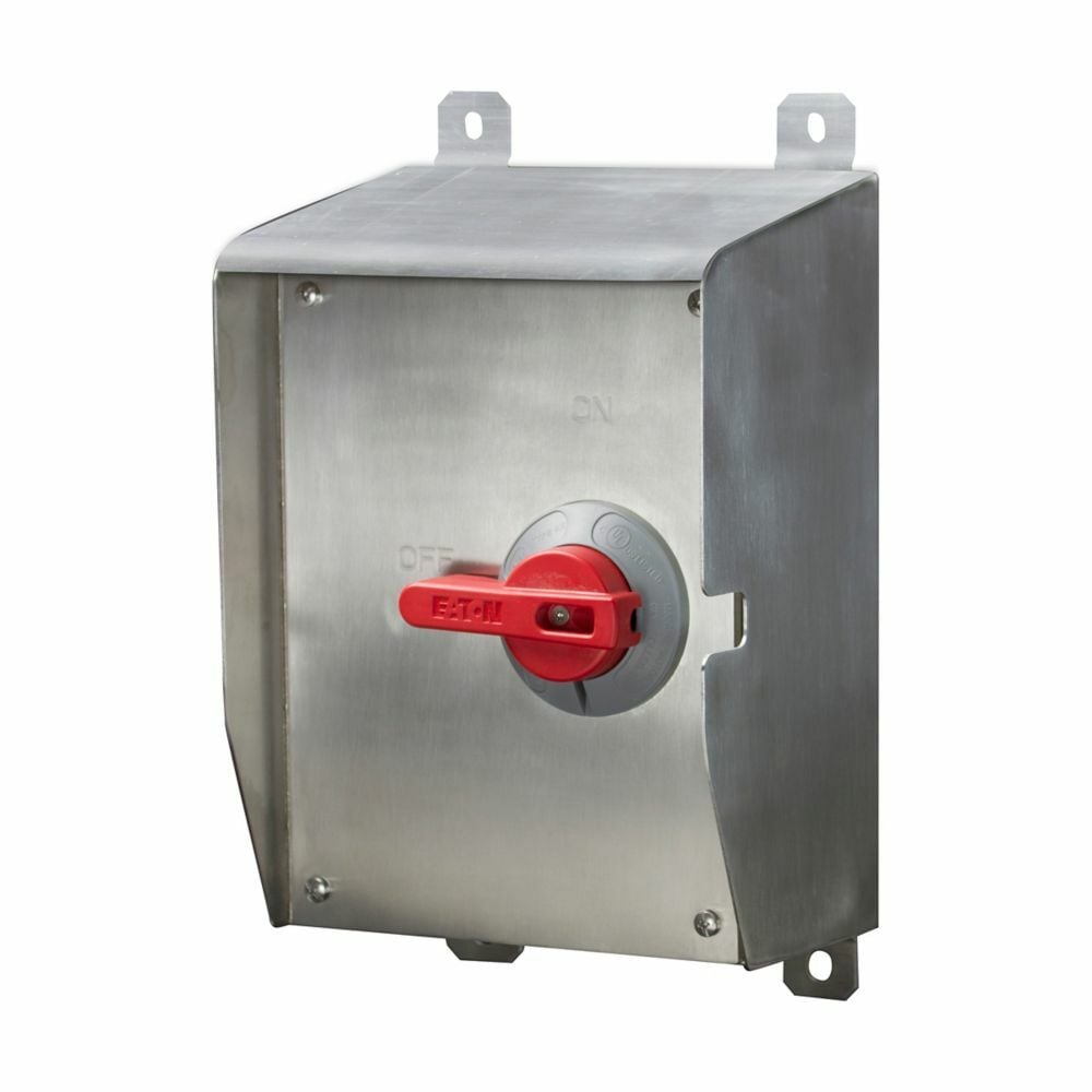 Eaton motor control disconnect X-switch, #14-4 AWG, 100A,Industrial, Mounting feet/DIN rail, flush or 1/4" spacing, 600V, Gray, NEMA 4X, 12, Enclosure: 316L SS, Washdown, Three-phase, Rotary, NSF certified for use in food processing areas