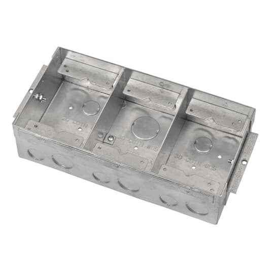 63W Steel City Flush Service Floor Box, Stamped Steel, 90 cu-in Capacity, 3 Gangs, 18 Knockouts, 10-1/4 in L x 5-5/16 in W x 2-13/16 in D