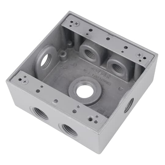 2IH7S2-2 Red Dot Universal Weatherproof Box, Die Cast Aluminum, 31.8 cu-in Capacity, 2 Gangs, 7 Outlets, 4-9/16 in L x 4-5/8 in W x 2-1/16 in D