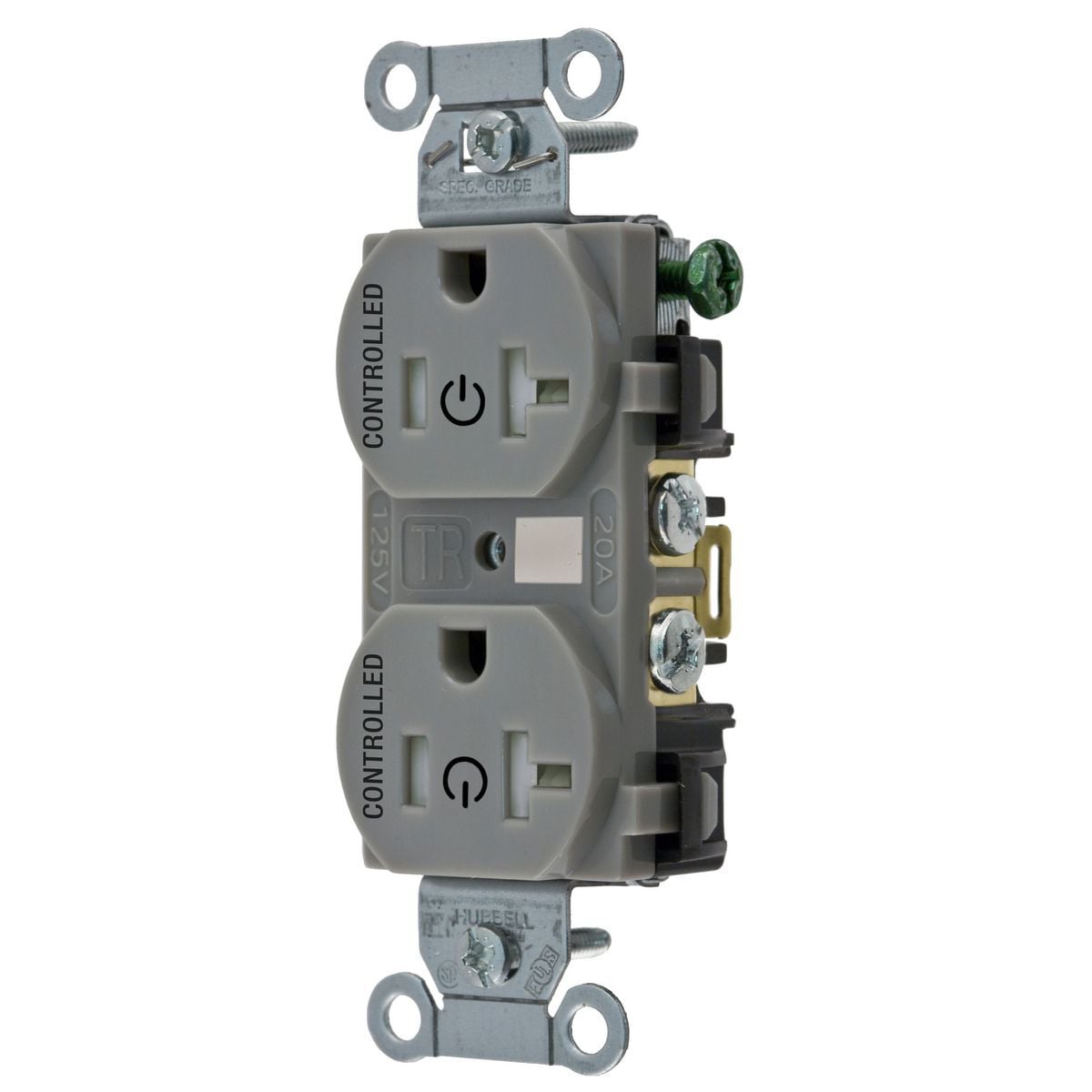 BR20C2GRYTR Duplex 2-Controlled Face Tamper-Resistant Straight Blade Receptacle, 125 V AC, 20 A, 2 Poles, 3 Wires, Gray