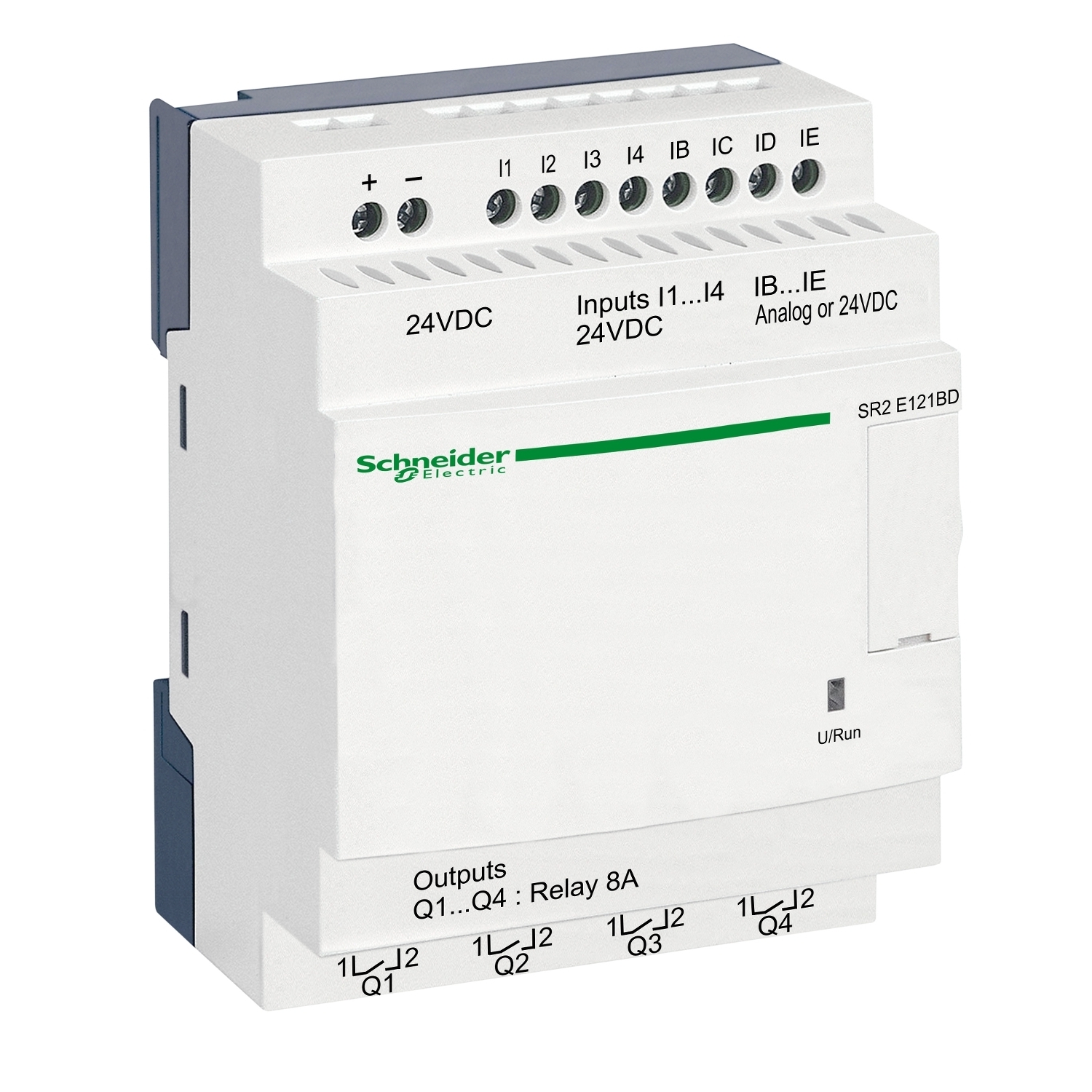 SR2E121BD Zelio Compact Logic 2 Smart Relay With Integrated Clock, 24 V DC Supply, 8 Inputs, 4 Outputs, Analog/Resistive Input, Relay Output