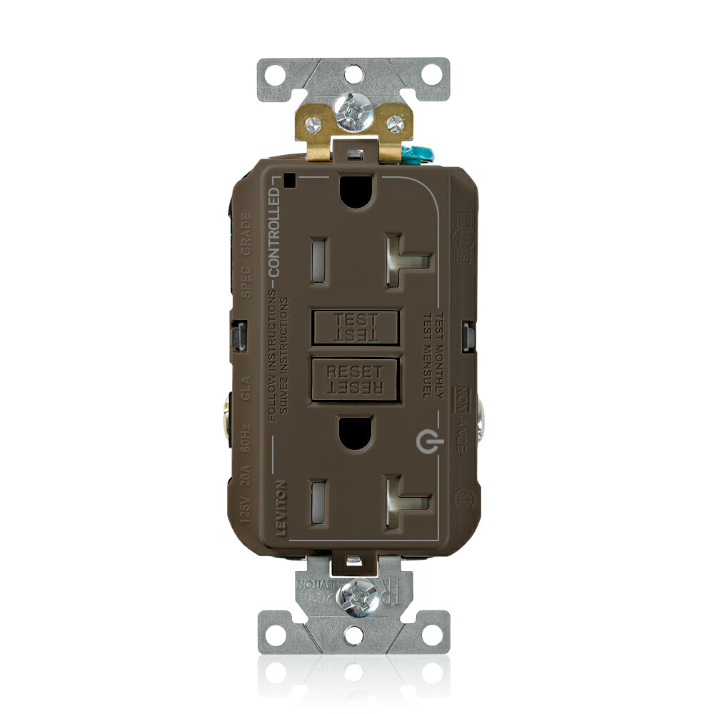 G5362-2T0 SmartlockPro 2-Plug Controlled Dual Marked Duplex Extra Heavy Duty Self-Test Self-Grounding Tamper-Resistant GFCI Receptacle, 125 V AC, 20 A, 2 Poles, 3 Wires, Brown