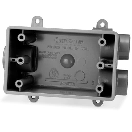 E979EFN-CAR Carlon Type FSCC Non-Metallic Rigid Shallow Style Device Box, PVC, 18 cu-in Capacity, 1 Gangs, 3 Outlets, 3 Knockouts, 4.54 in L x 2.8 in W x 2.42 in D